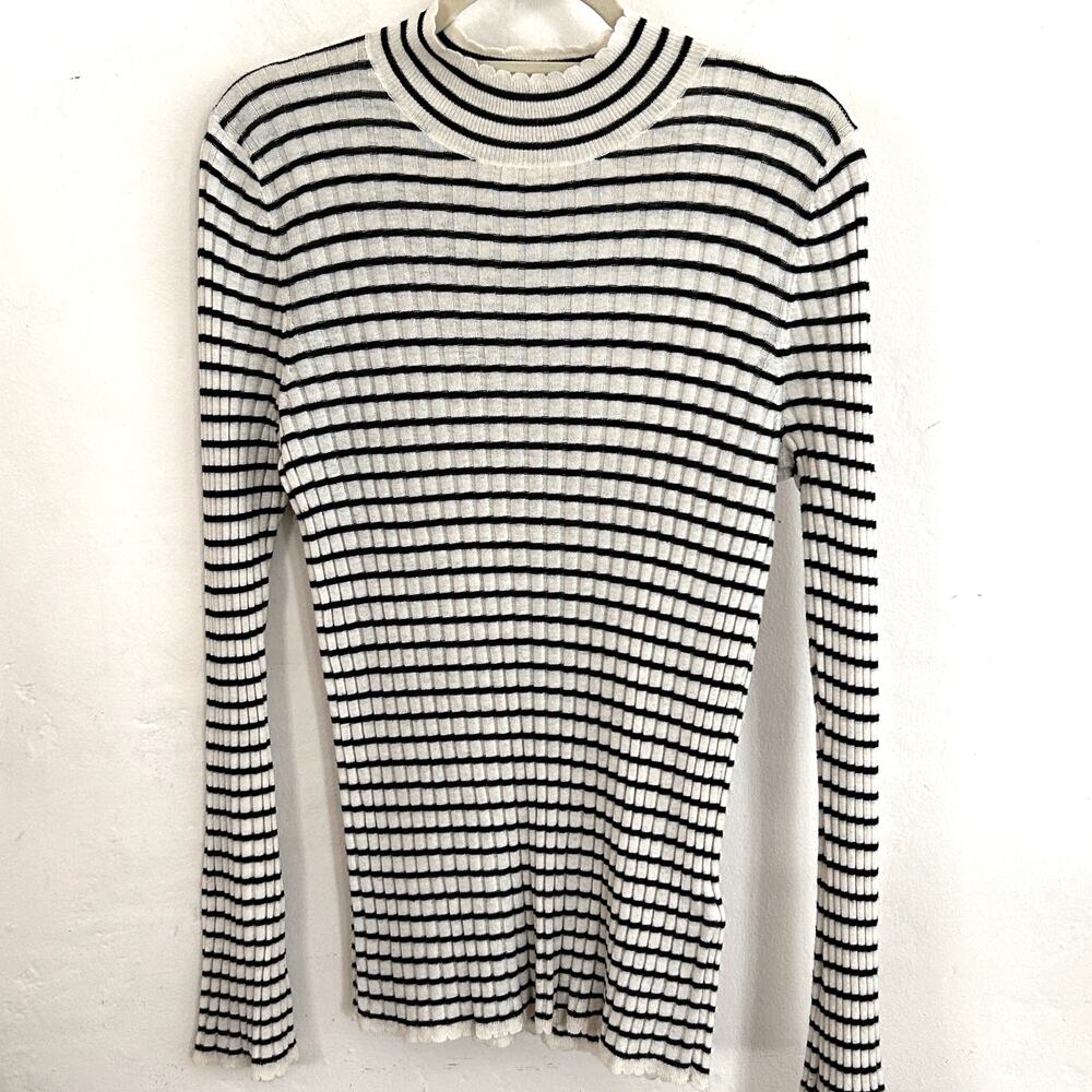 Joie Black White Stripe Ribbed Knit Mock Neck Top Size L